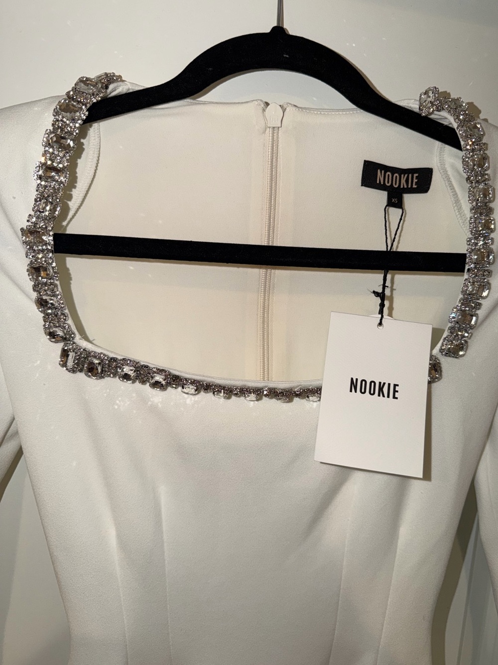 Nookie White Long-Sleeve Mini Dress with Embellished Square Neckline Size XS - Picture 7 of 9